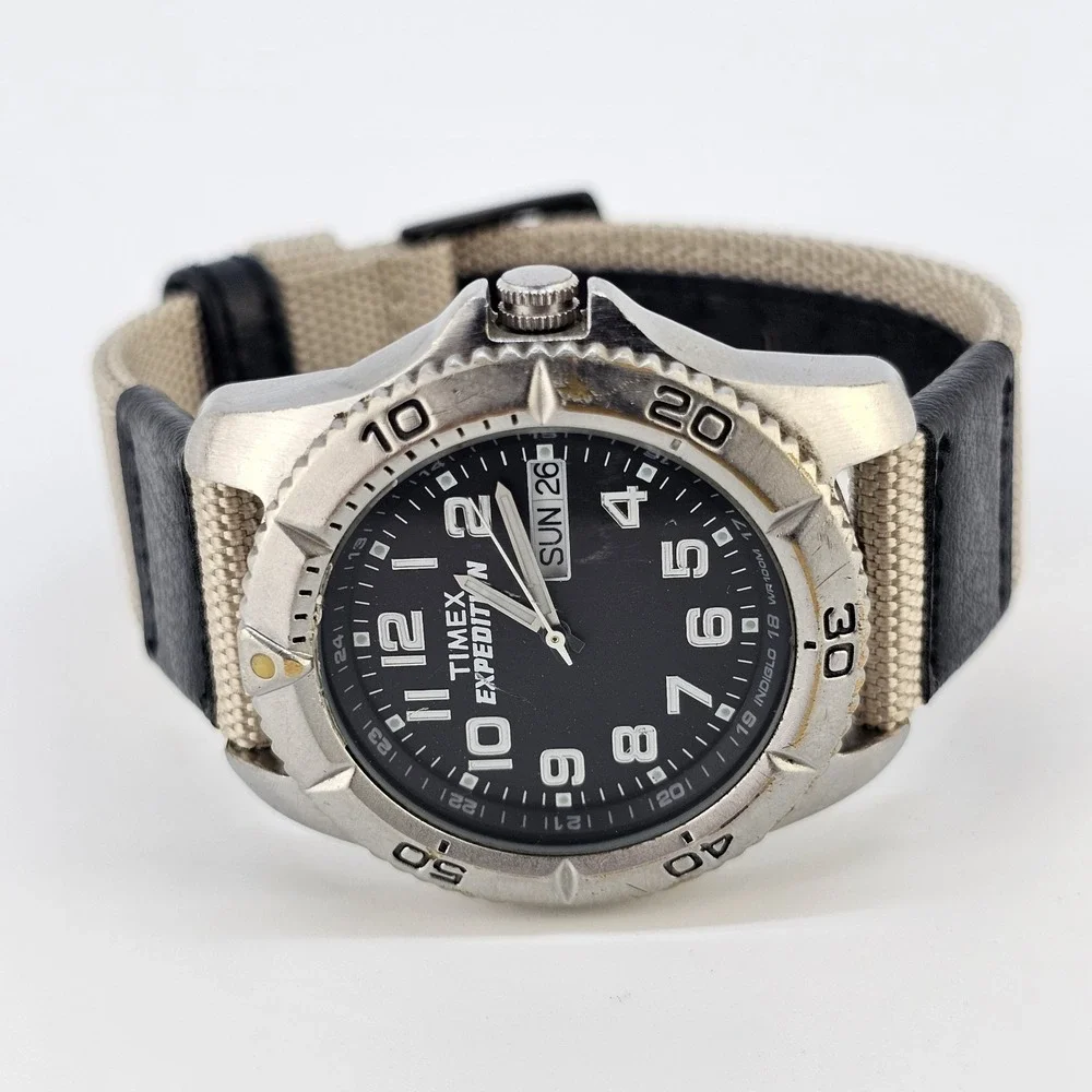Timex Expedition Men Watch 40MM Black DayDate Dial NEW Tan Nylon Bands Battery